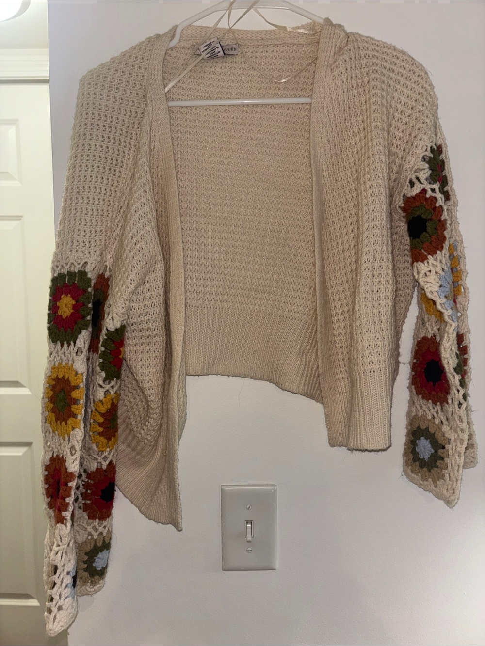 Sincerely Jules Cream Crochet Sleeve Cardigan with Multicolor Flower Squares